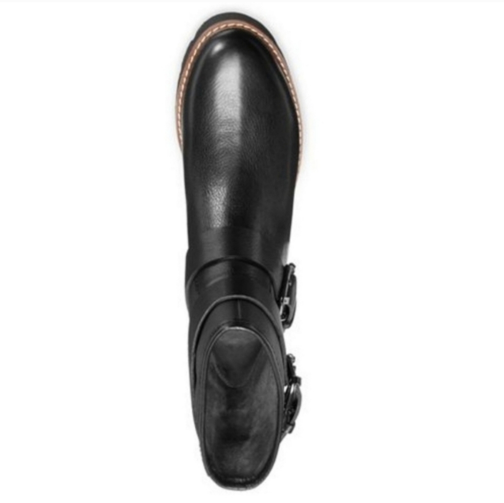 Edgy Black Leather Buckled Moto Booties - Picture 2 of 8